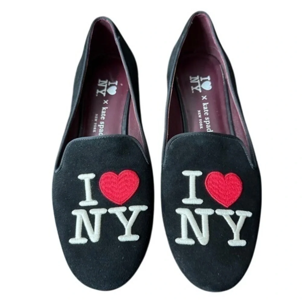 Kate Spade Lounge New York I Love NY Flats Black Suede Embroidered Size 8.5